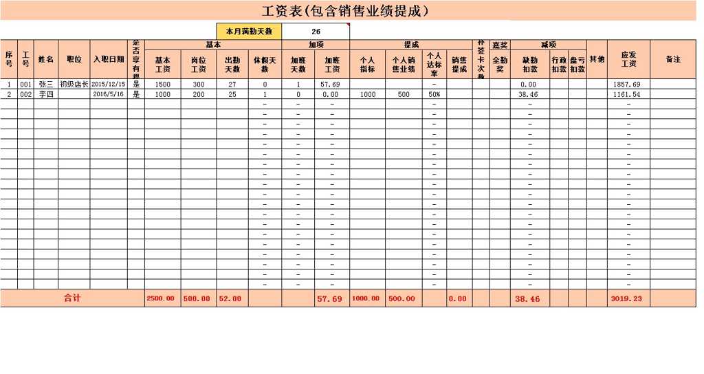 销售员工提成工资表截图