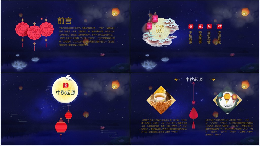 蓝色中秋节的节日起源PPT模板