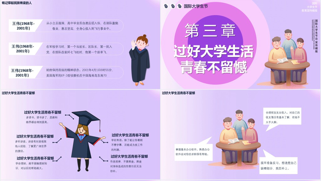 紫色活力炫彩风国际大学生节日介绍PPT模版