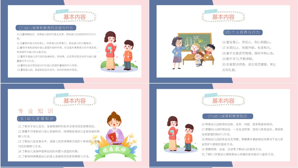 蓝粉色卡通风幼儿园教师专业标准PPT模板
