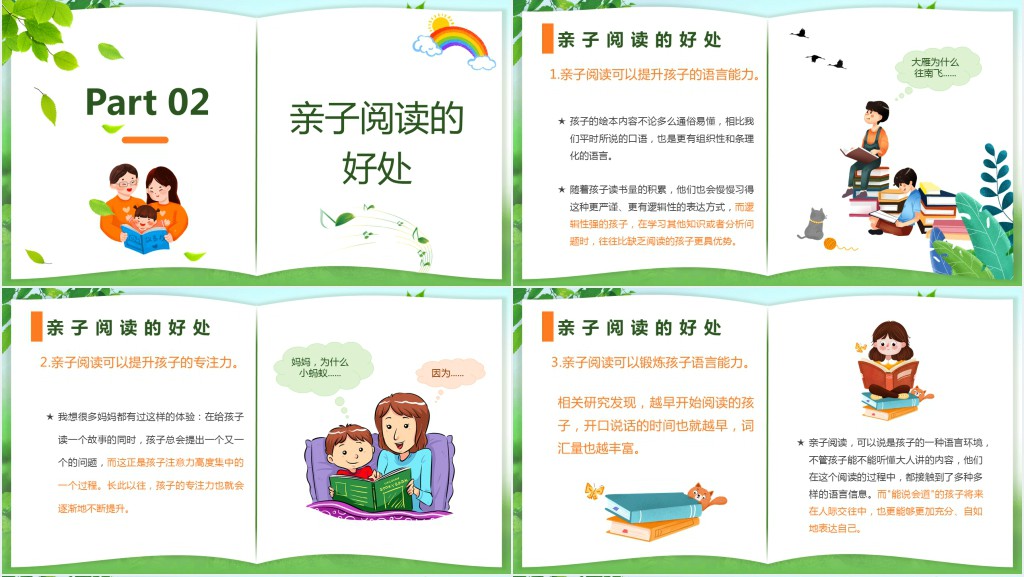 绿色卡通幼儿亲子阅读主题班会PPT课件