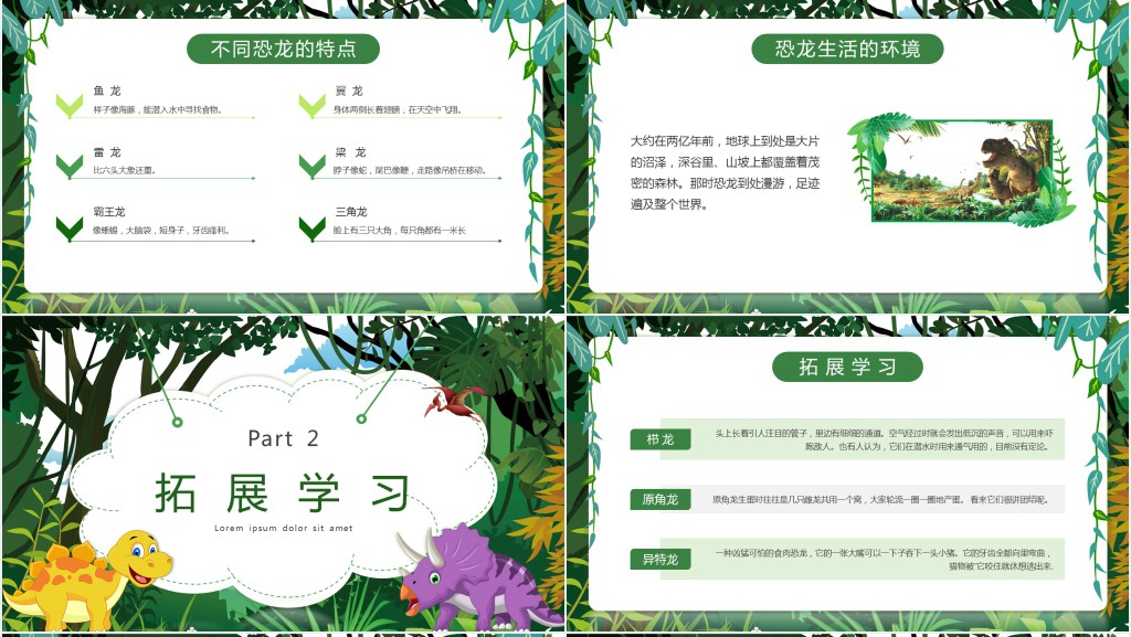 绿色卡通恐龙知识介绍主题教育PPT模板