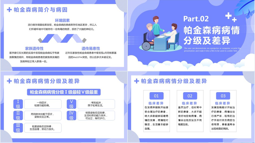 蓝色卡通帕金森病知识介绍PPT模板