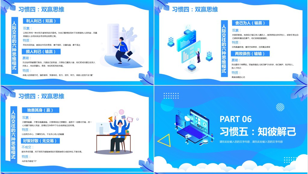 蓝色插画高效能人士的七习惯PPT模板