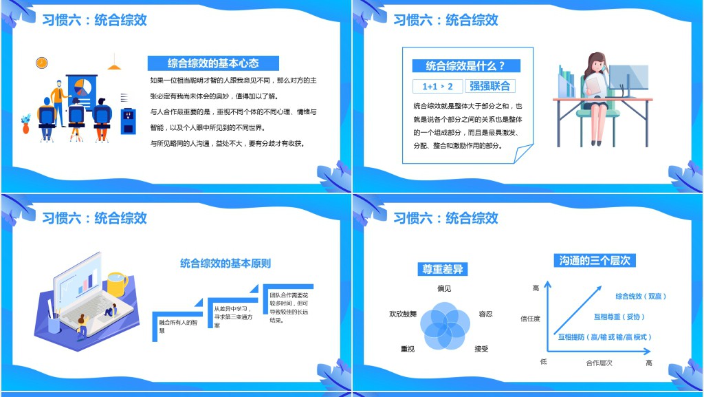 蓝色插画高效能人士的七习惯PPT模板