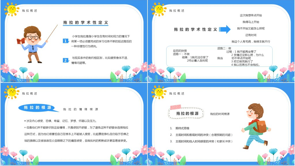 蓝色卡通风克服拖拉的习惯教育PPT模板