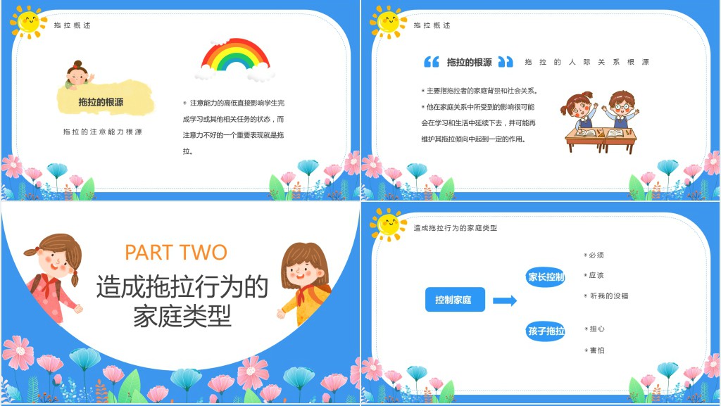 蓝色卡通风克服拖拉的习惯教育PPT模板