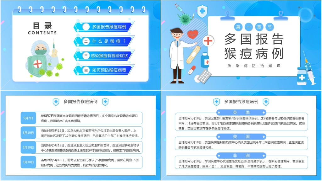 蓝色卡通风猴痘病毒科普PPT模板