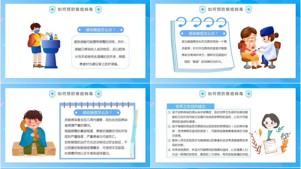 蓝色卡通风猴痘病毒科普PPT模板