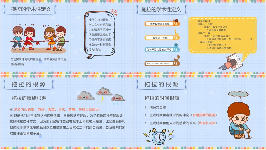 蓝色卡通风克服拖拉主题班会PPT课件