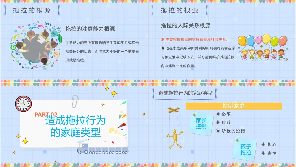 蓝色卡通风克服拖拉主题班会PPT课件