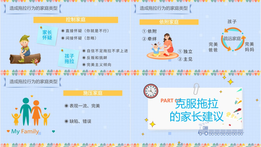 蓝色卡通风克服拖拉主题班会PPT课件