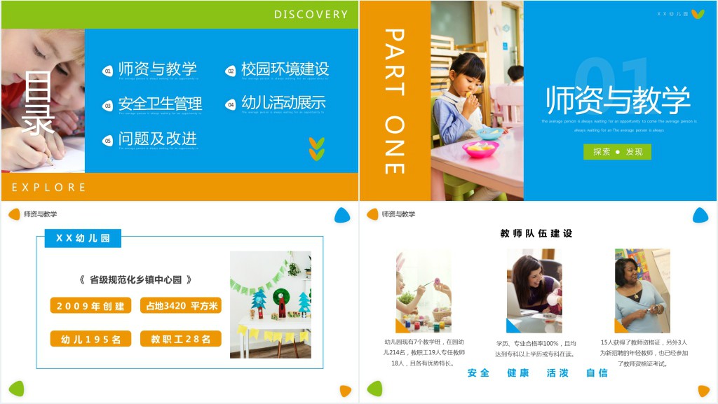 蓝橙简约几何风幼儿园工作汇报PPT模板