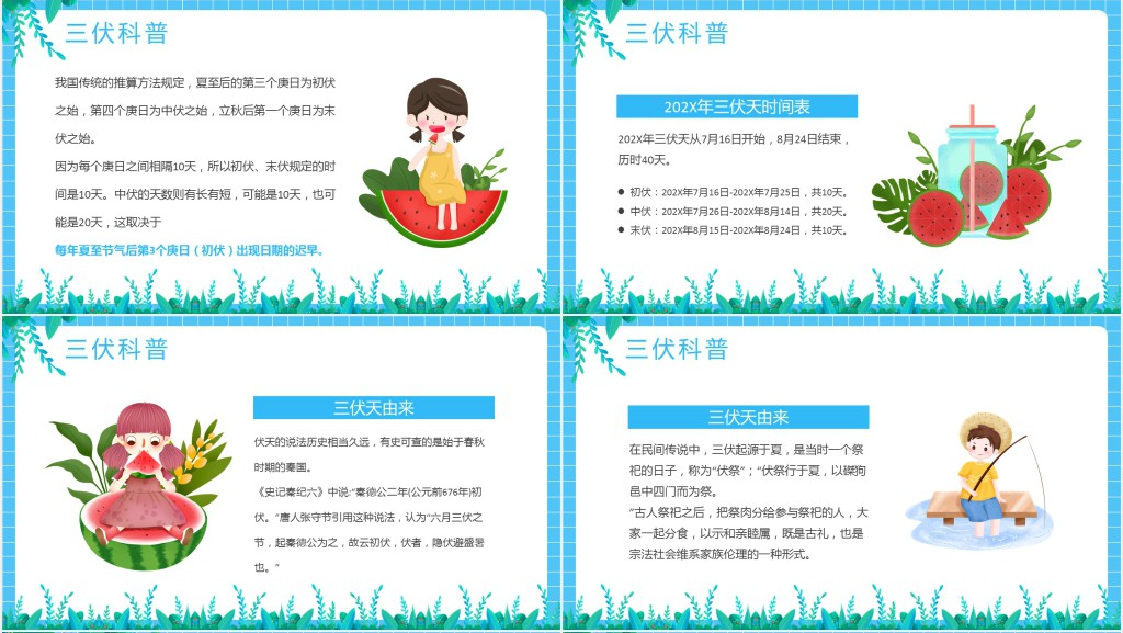 蓝色卡通风三伏天科普介绍PPT模板