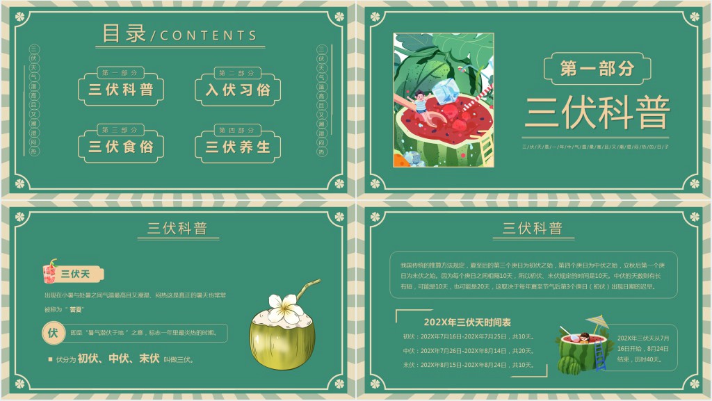 绿色复古风三伏天科普介绍PPT模版