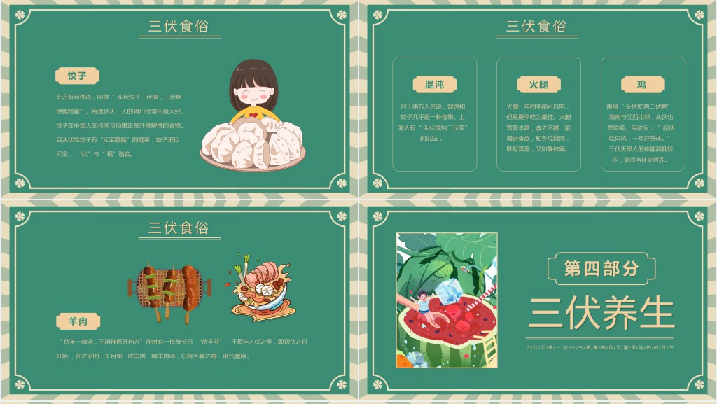 绿色复古风三伏天科普介绍PPT模版