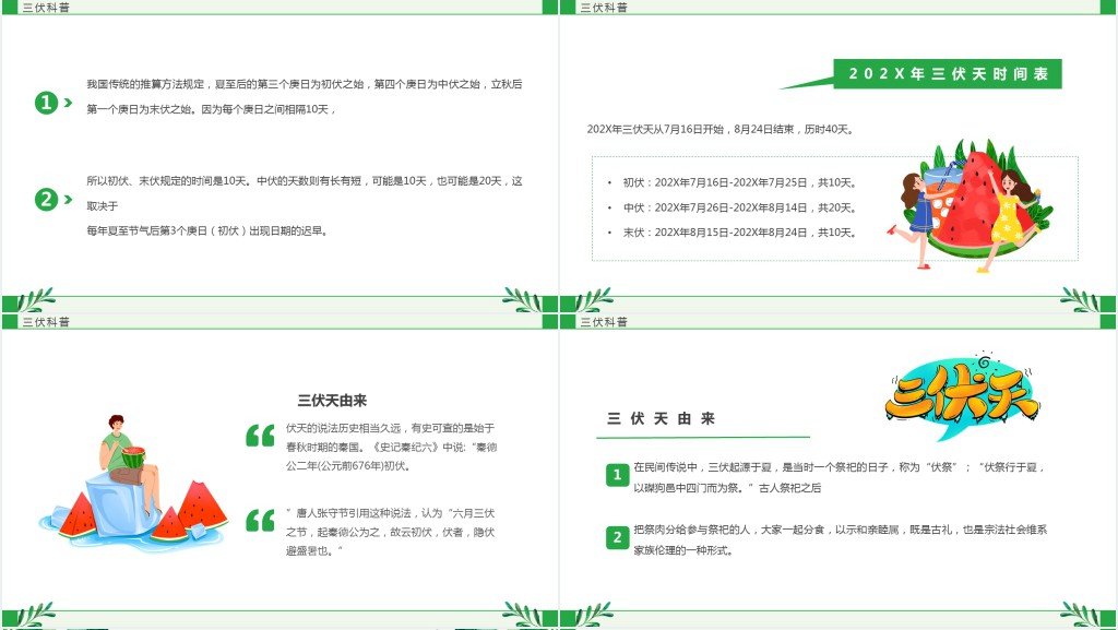 绿色卡通风三伏天科普介绍PPT模板