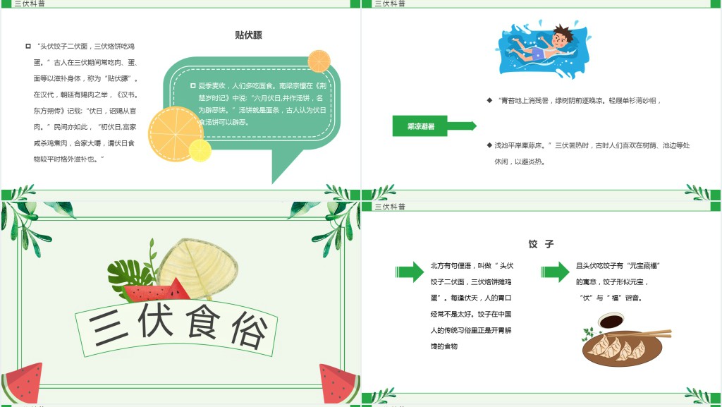 绿色卡通风三伏天科普介绍PPT模板