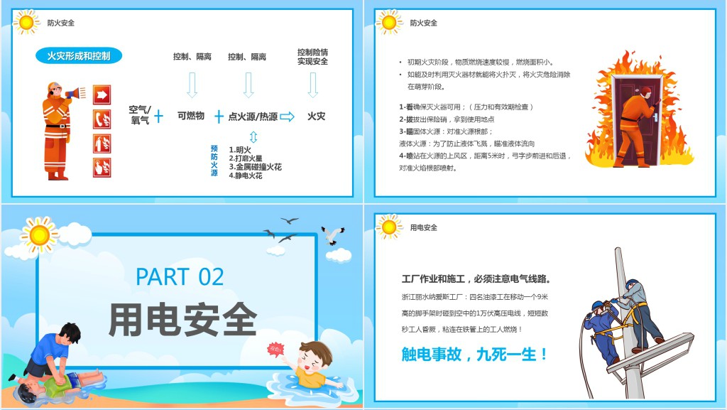蓝色卡通儿童夏季安全教育PPT模板