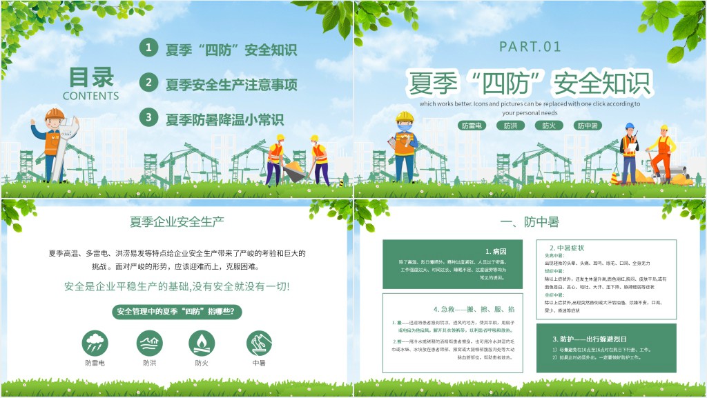 绿色卡通风夏季安全生产PPT模板