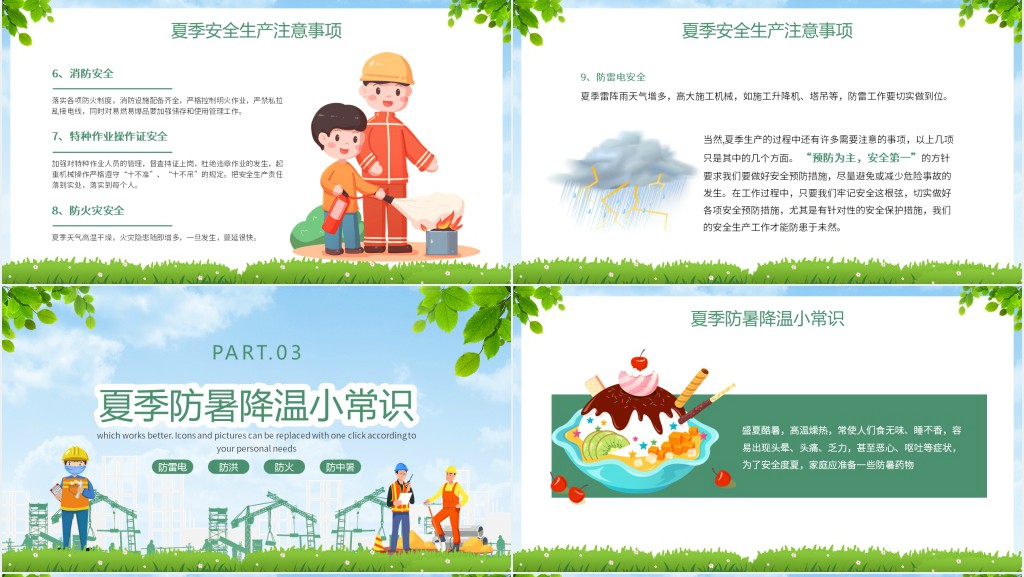 绿色卡通风夏季安全生产PPT模板