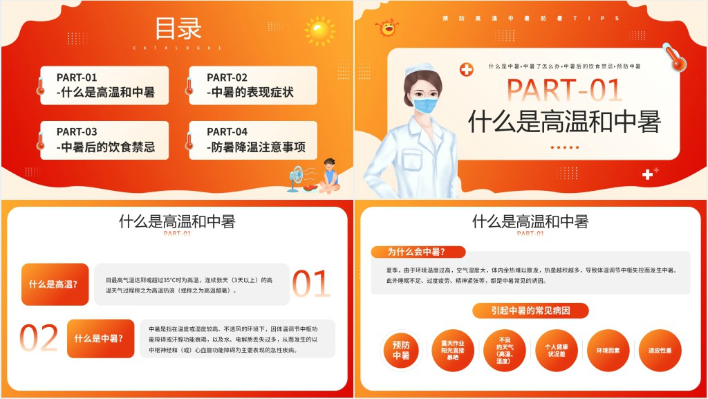 橙红色卡通风夏季防暑医疗知识PPT模板