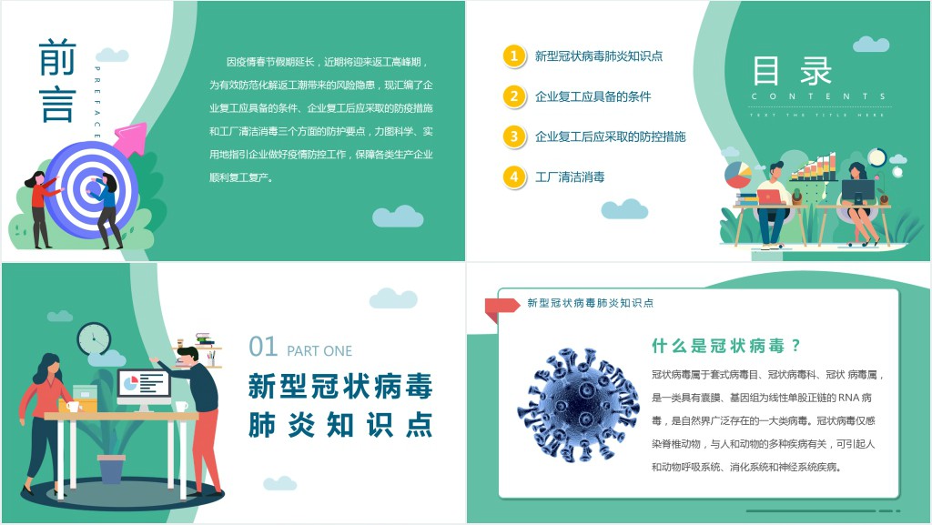绿色清新企业复工新型冠状病毒肺炎病情防控工作要点商务PPT