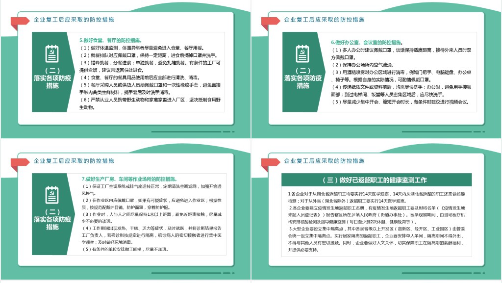 绿色清新企业复工新型冠状病毒肺炎病情防控工作要点商务PPT