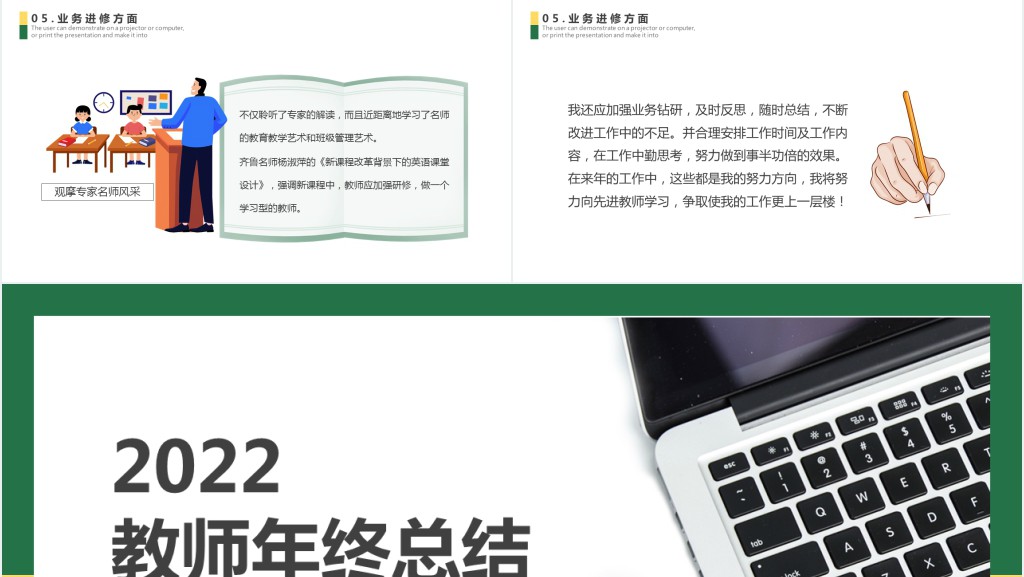 教师年终总结PPT绿色卡通风年终汇报工作总结通用模板