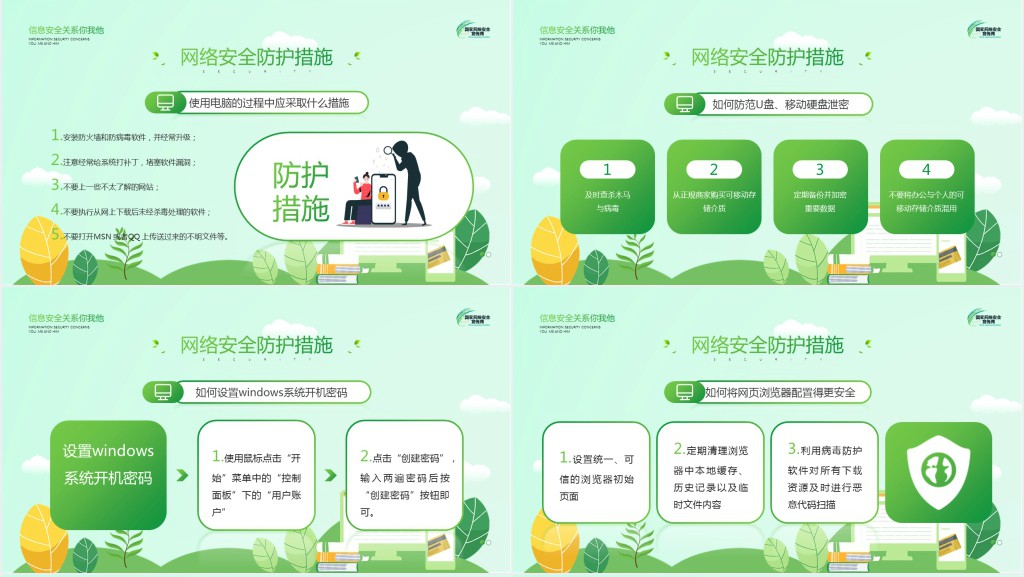 绿色矢量警惕信息泄漏维系网络安全宣教PPT模板