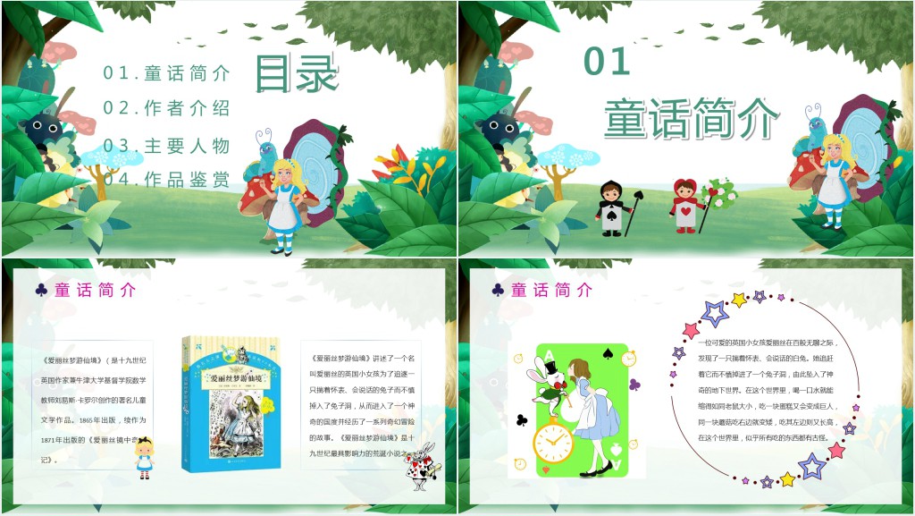 爱丽丝漫游奇境记PPT卡通童趣儿童文学作品简介好书推荐阅读读后感模板