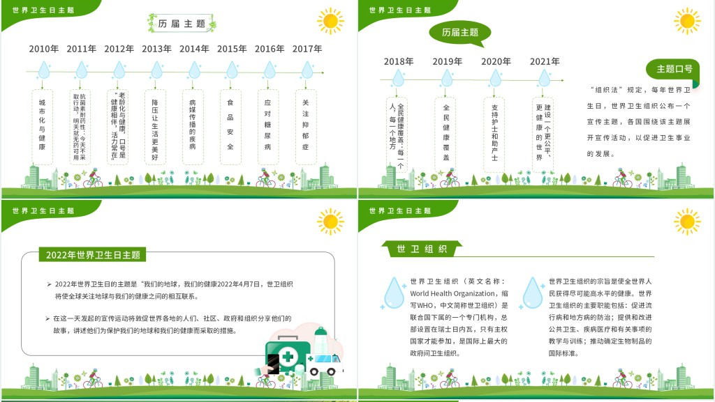 绿色卡通手绘小学生世界卫生日介绍PPT模板