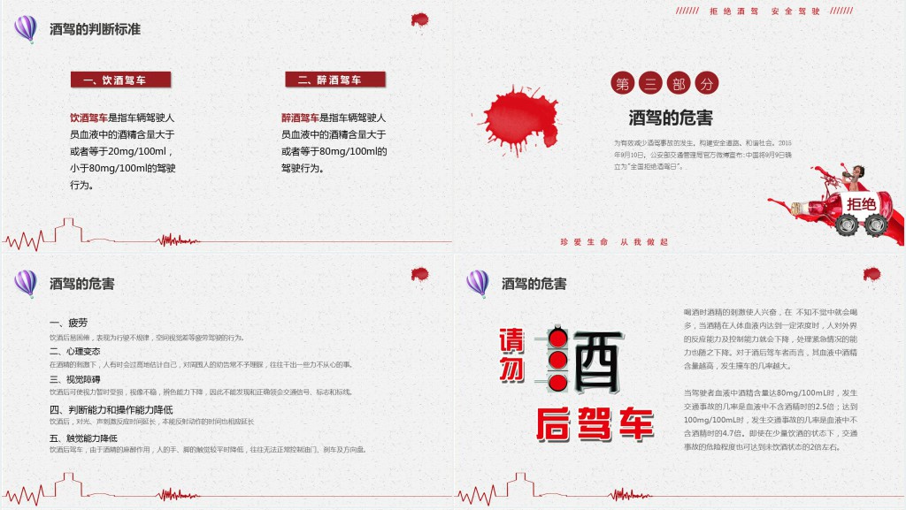 简约卡通插画拒绝酒驾遵守交通法规关爱生命安全PPT模板