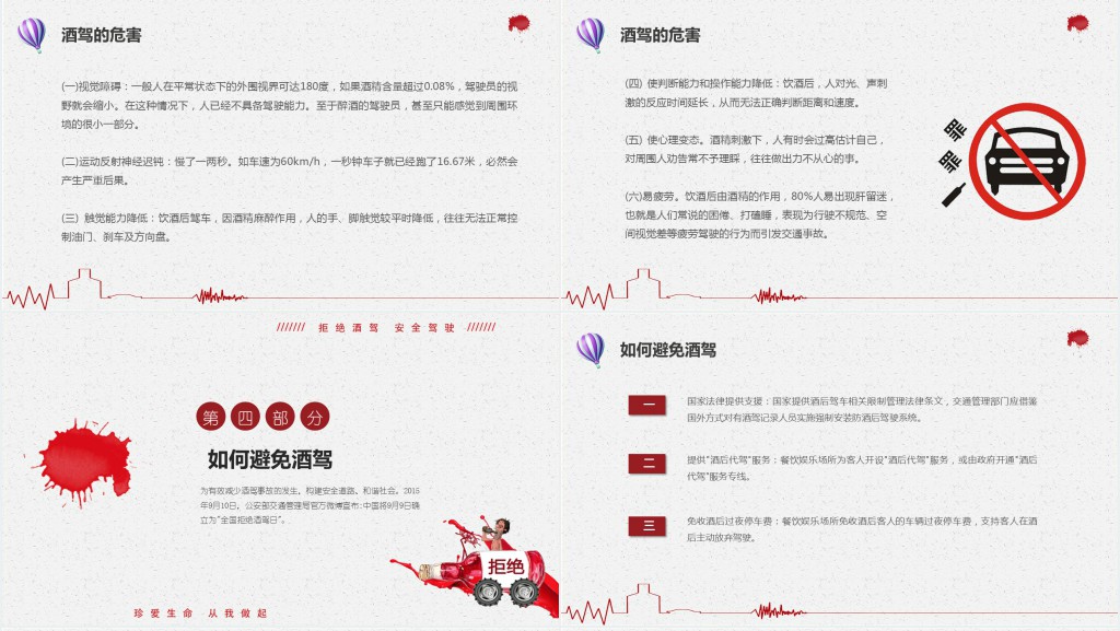 简约卡通插画拒绝酒驾遵守交通法规关爱生命安全PPT模板