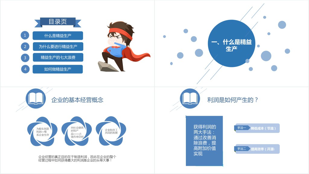 蓝色服务简约扁平化信息图表精益生产管理PPT模板