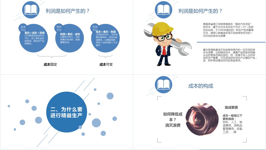 蓝色服务简约扁平化信息图表精益生产管理PPT模板