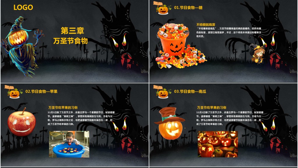黑色恐怖万圣节创意简介PPT模板
