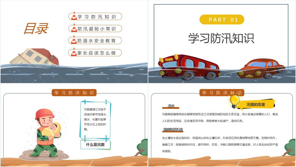 卡通风中小学生学习防汛避险常识PPT模板