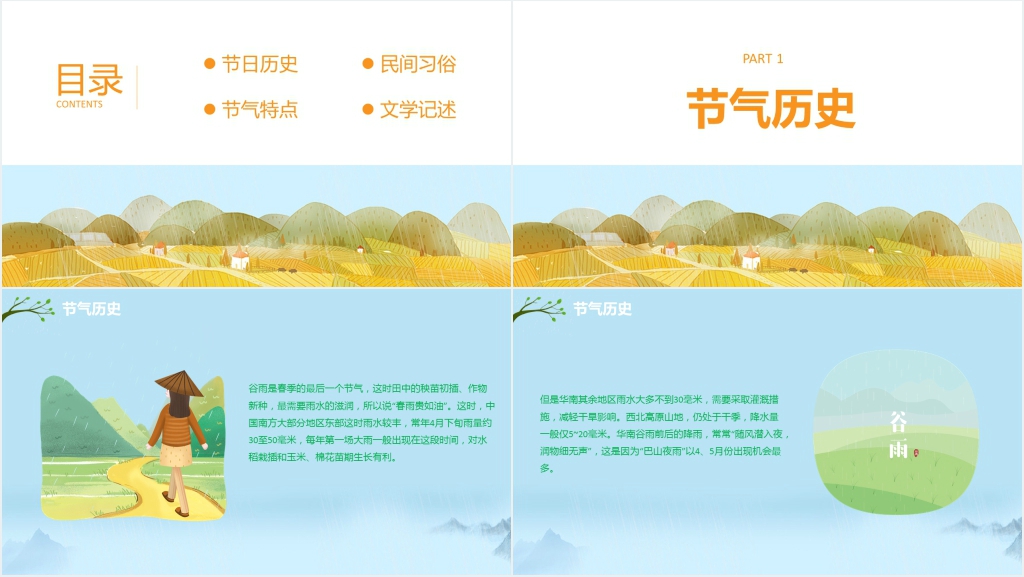 卡通风谷雨节气习俗的介绍PPT模板 卡通风谷雨节气习俗的介绍PPT模板