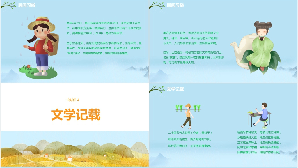 卡通风谷雨节气习俗的介绍PPT模板 卡通风谷雨节气习俗的介绍PPT模板