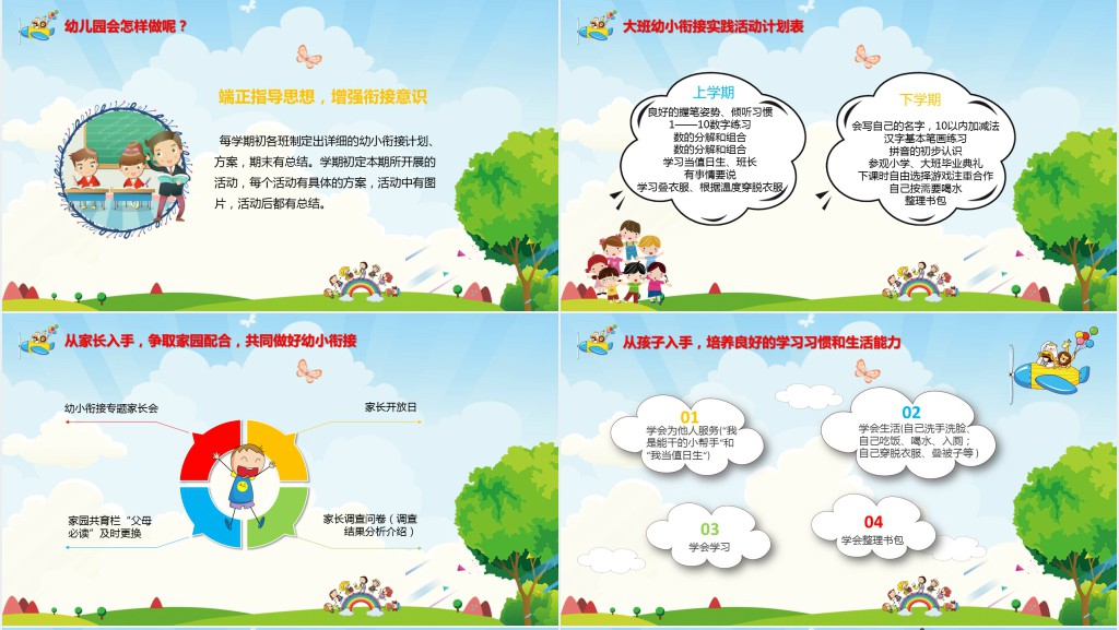 卡通风幼儿园大班幼小衔接家长会PPT模板