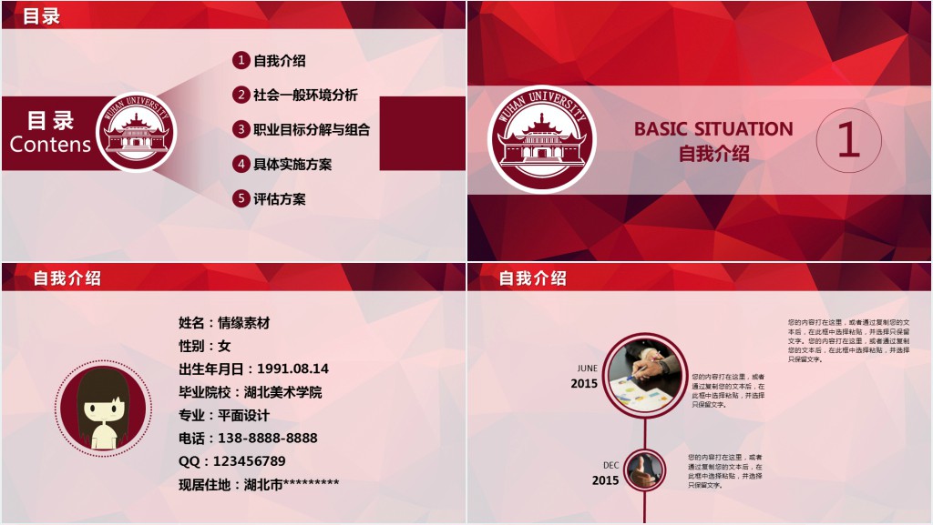 武汉大学生职业规划PPT模板