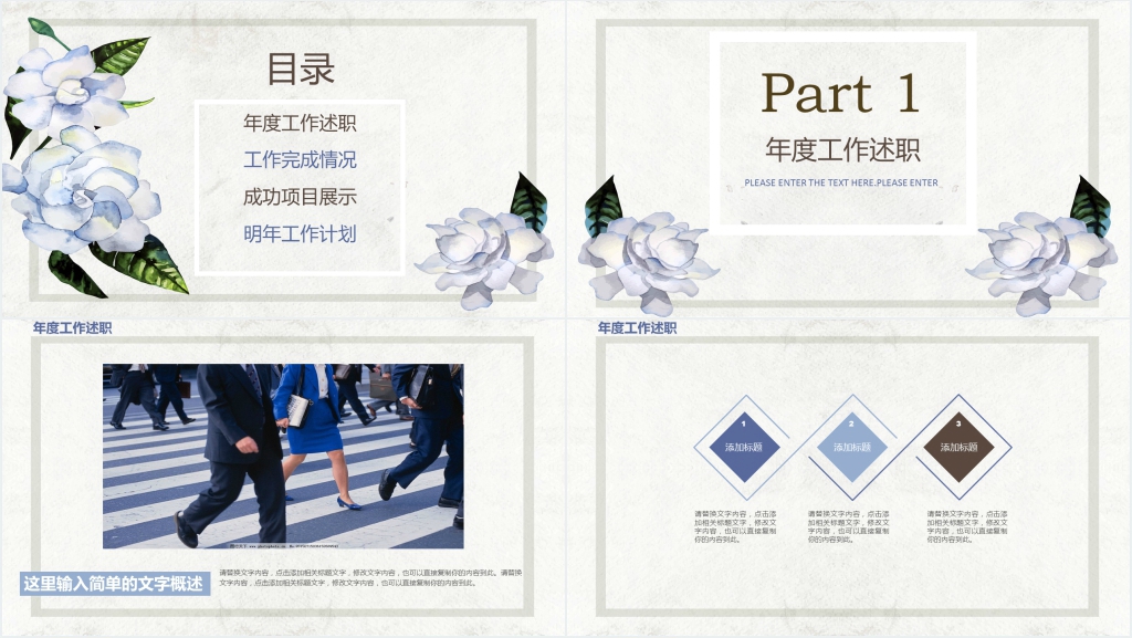 年浅蓝色唯美花卉述职PPT模板