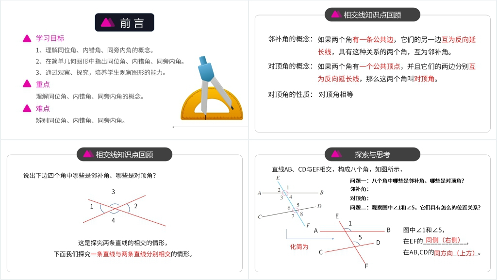 人教版初中数学七年级《同位角内错角和同旁内角》PPT课件 人教版初中数学七年级《同位角内错角和同旁内角》PPT课件