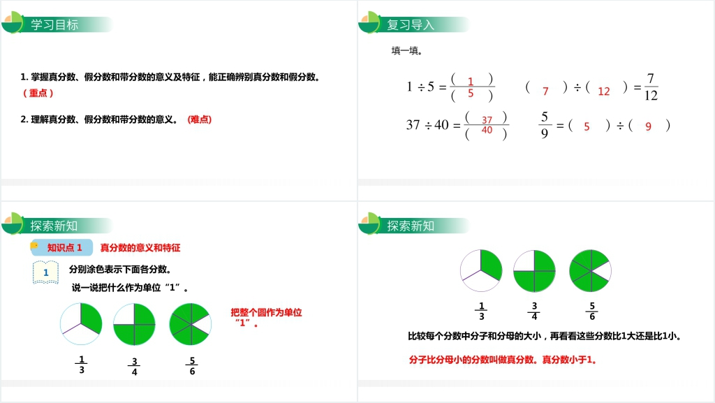 人教版小学数学五年级下册《真分数与假分数》课堂教案PPT课件