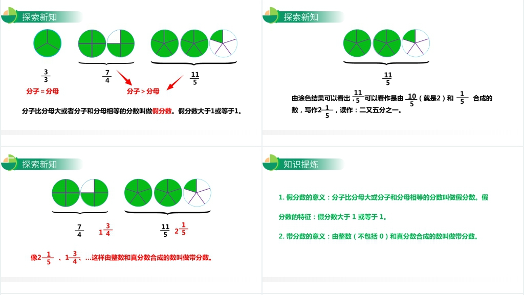 人教版小学数学五年级下册《真分数与假分数》课堂教案PPT课件