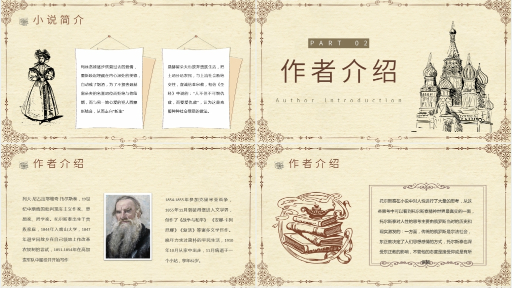 托尔斯泰复活小说PPT模板 托尔斯泰复活小说PPT模板