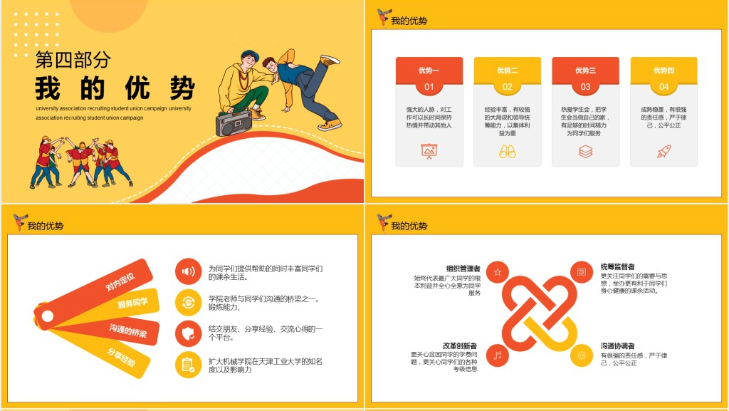 黄色卡通大学社团纳新学生会竞选动态PPT模板