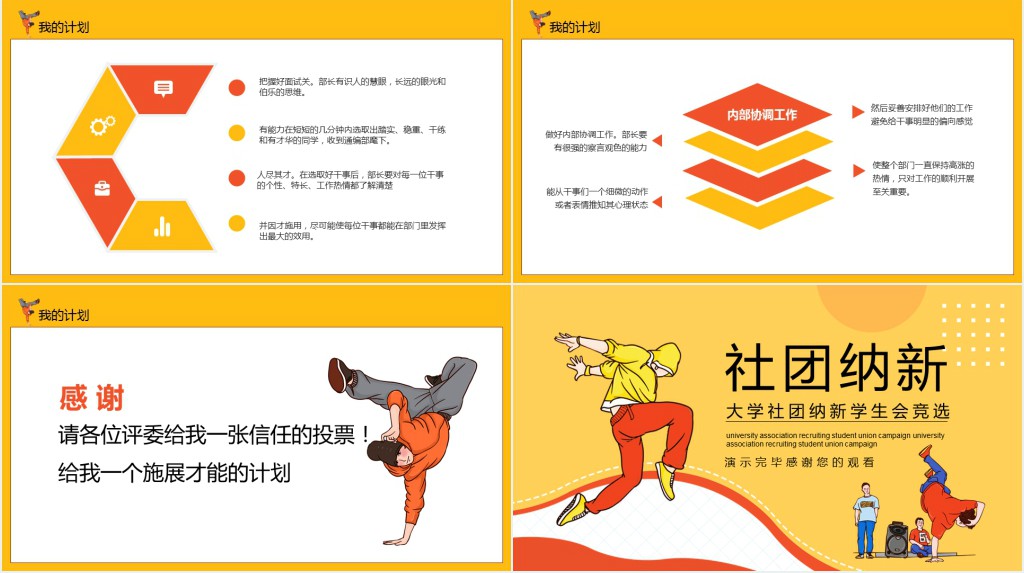 黄色卡通大学社团纳新学生会竞选动态PPT模板
