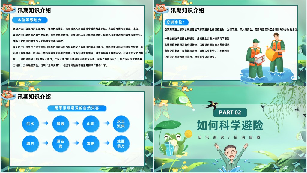 卡通风防洪防汛安全教育PPT模板